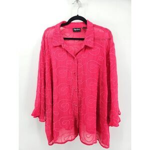Maggie Barnes 3X Pink‎ Embroidered Sheer Button Down Blouse Top Plus Size